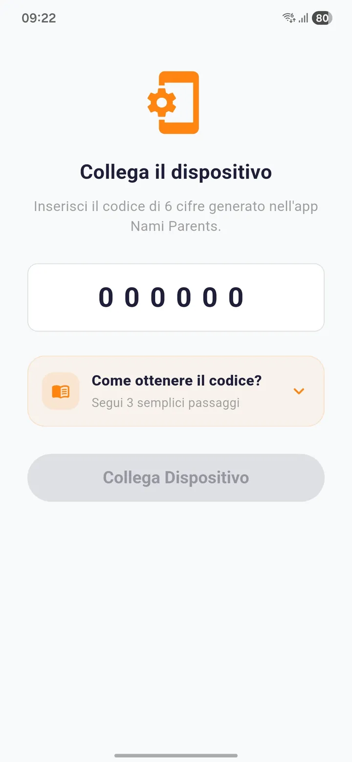 Nami Kids: collegamento al telefono del genitore con il codice di 6 cifre