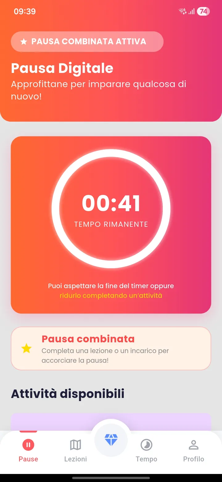 Nami Kids: la schermata Pausa Digitale con il timer e le attività per accorciare la pausa
